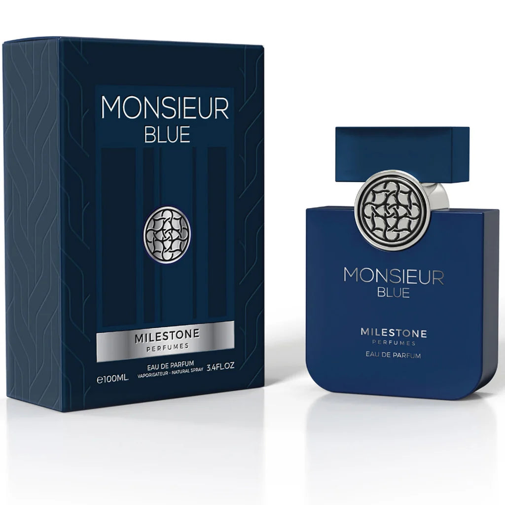 Milestone Monsieur Blue Eau de Parfum 100ML for Men - Sophisticated Fresh Aromatic Woody Scent with Premium Concentration & Iconic Navy Blue Bottle